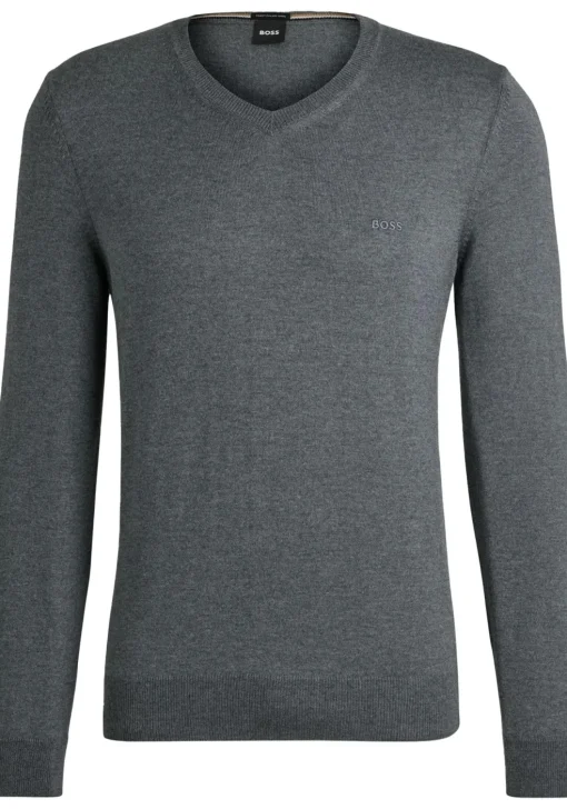 BOSS Baram regular fit trui wol, heren trui middeldik V-hals, middengrijs