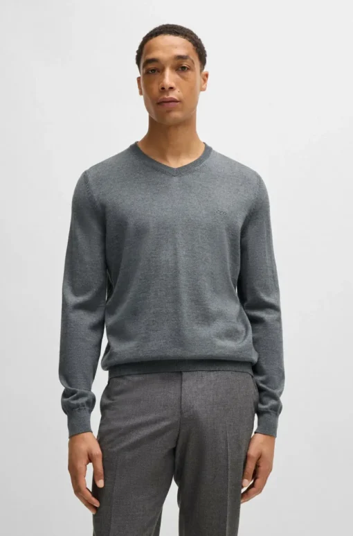 BOSS Baram regular fit trui wol, heren trui middeldik V-hals, middengrijs