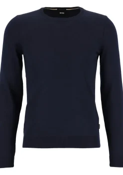BOSS Leno heren trui wol, slim fit met O-hals, donkerblauw