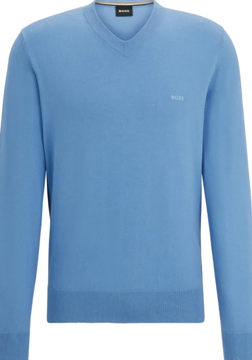 BOSS Pacello regular fit trui katoen, heren trui middeldik V-hals, kobalt blauw