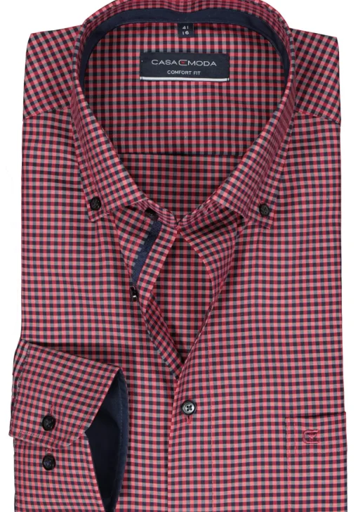 CASA MODA comfort fit overhemd, popeline, rood met blauw geruit