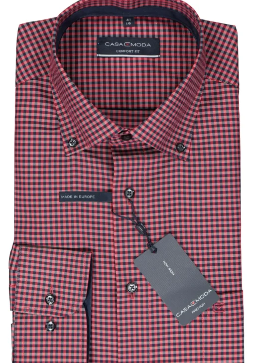 CASA MODA comfort fit overhemd, popeline, rood met blauw geruit