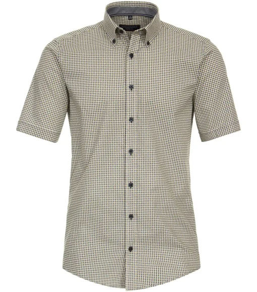 CASA MODA Sport casual fit overhemd, korte mouw, popeline, blauw met geel en wit dessin