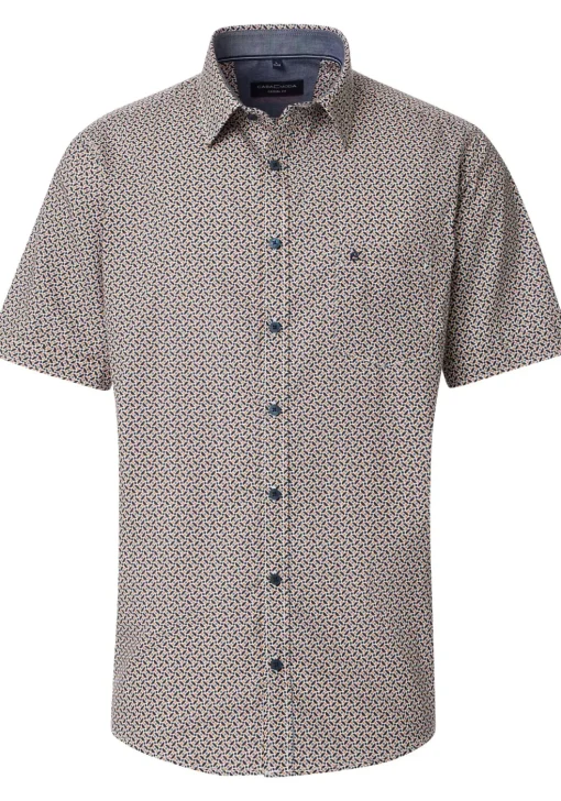 CASA MODA Sport casual fit overhemd, korte mouw, popeline, donkerblauw met oranje en wit dessin