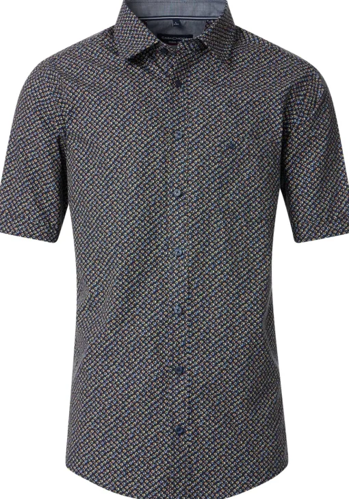 CASA MODA Sport casual fit overhemd, korte mouw, popeline, donkerblauw met oranje, groen en lichtblauw dessin