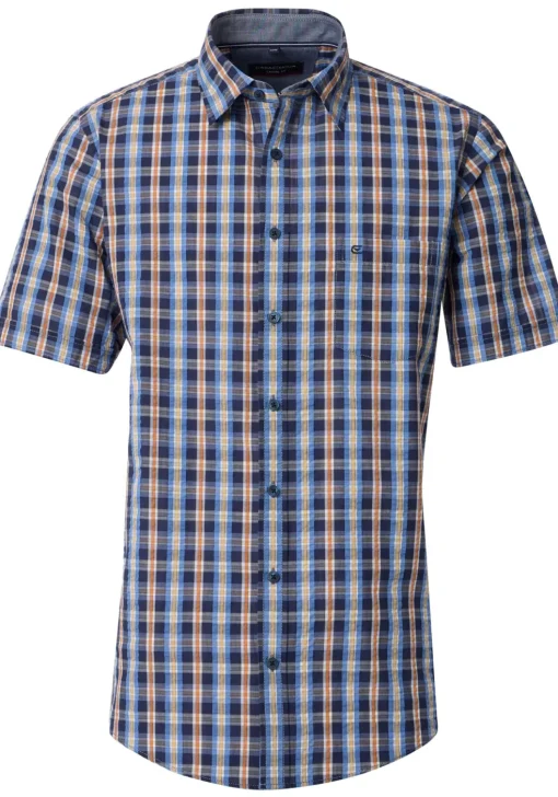 CASA MODA Sport casual fit overhemd, korte mouw, seersucker, blauw met oranje en wit geruit