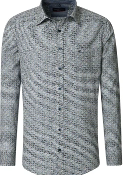 CASA MODA Sport casual fit overhemd, popeline, blauw met beige en wit dessin