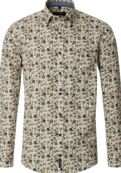 CASA MODA Sport casual fit overhemd, popeline, beige met groen dessin