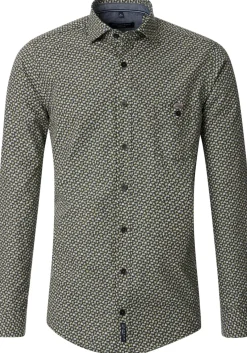 CASA MODA Sport casual fit overhemd, popeline, groen met beige en wit dessin