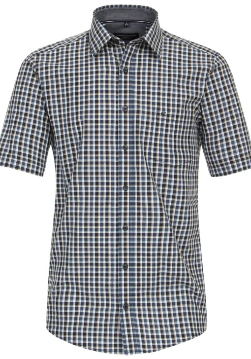 CASA MODA Sport casual fit overhemd, korte mouw, chambray, blauw met beige en wit geruit