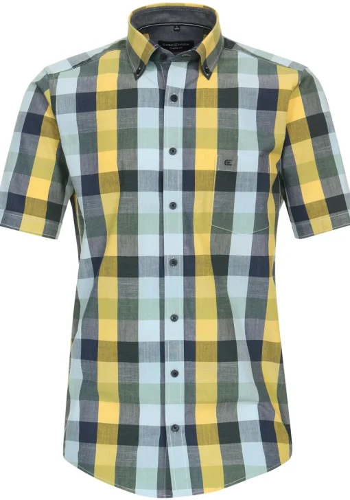 CASA MODA Sport casual fit overhemd, korte mouw, chambray, blauw met geel geruit