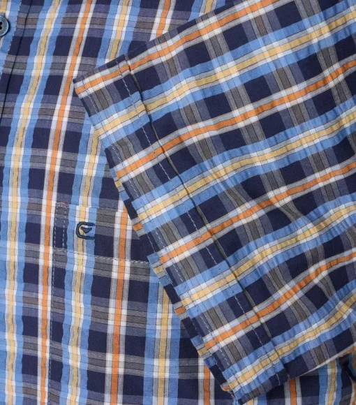 CASA MODA Sport casual fit overhemd, korte mouw, seersucker, blauw met oranje en wit geruit