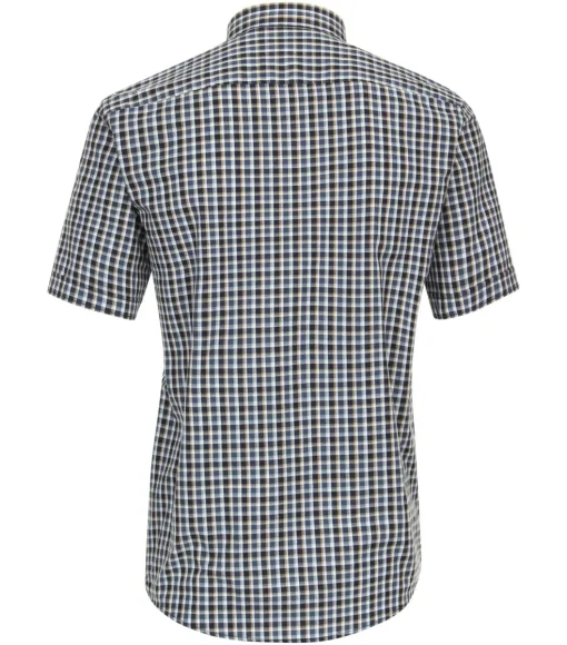 CASA MODA Sport casual fit overhemd, korte mouw, chambray, blauw met beige en wit geruit