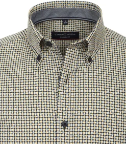 CASA MODA Sport casual fit overhemd, korte mouw, popeline, blauw met geel en wit dessin