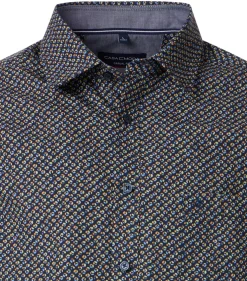 CASA MODA Sport casual fit overhemd, korte mouw, popeline, donkerblauw met oranje, groen en lichtblauw dessin