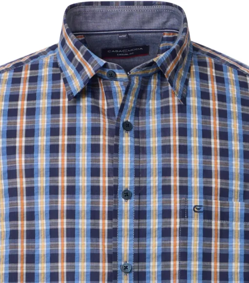 CASA MODA Sport casual fit overhemd, korte mouw, seersucker, blauw met oranje en wit geruit