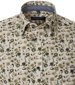 CASA MODA Sport casual fit overhemd, popeline, beige met groen dessin