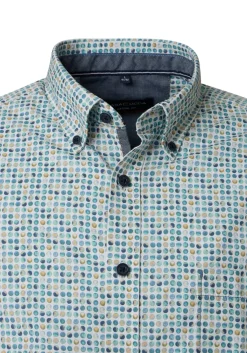 CASA MODA Sport casual fit overhemd, popeline, wit met blauw, aqua en geel balletjes dessin