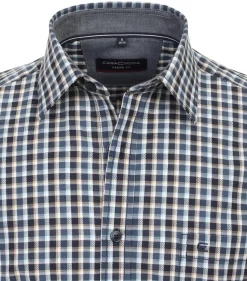 CASA MODA Sport casual fit overhemd, korte mouw, chambray, blauw met beige en wit geruit