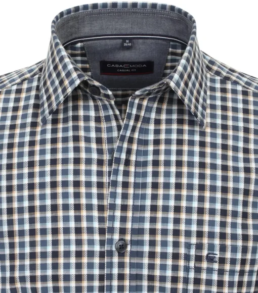 CASA MODA Sport casual fit overhemd, korte mouw, chambray, blauw met beige en wit geruit
