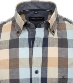 CASA MODA Sport casual fit overhemd, korte mouw, chambray, blauw met beige geruit