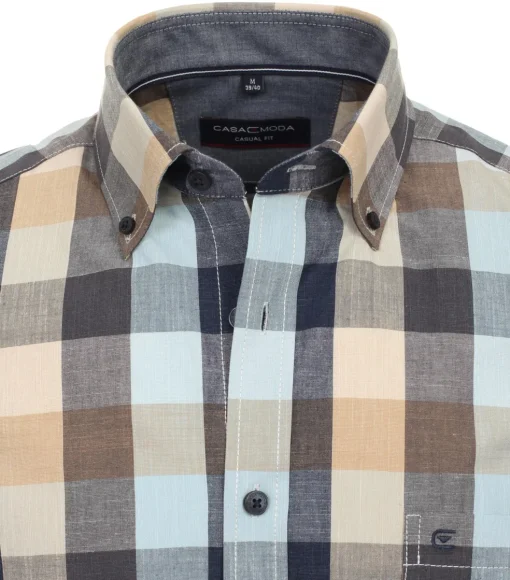 CASA MODA Sport casual fit overhemd, korte mouw, chambray, blauw met beige geruit
