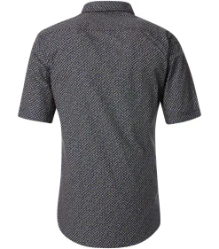 CASA MODA Sport casual fit overhemd, korte mouw, popeline, donkerblauw met oranje, groen en lichtblauw dessin