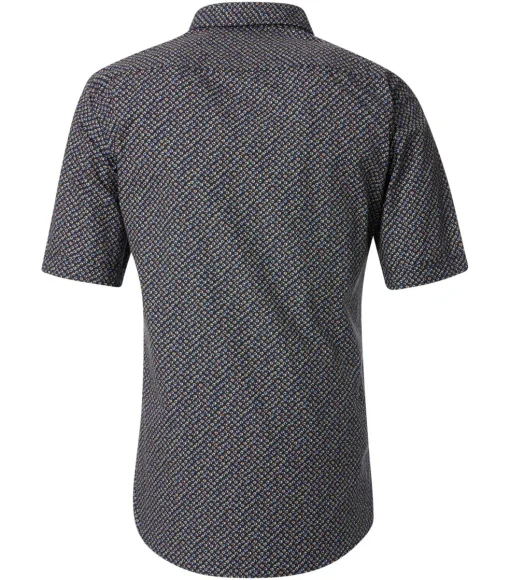 CASA MODA Sport casual fit overhemd, korte mouw, popeline, donkerblauw met oranje, groen en lichtblauw dessin