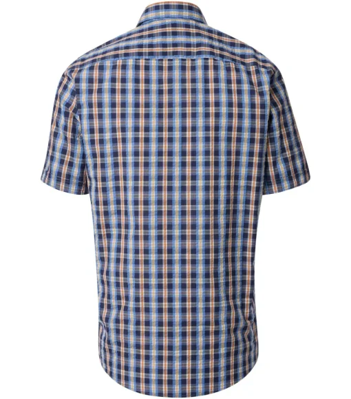 CASA MODA Sport casual fit overhemd, korte mouw, seersucker, blauw met oranje en wit geruit
