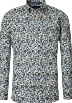CASA MODA Sport comfort fit overhemd, twill, blauw met wit, groen en beige dessin