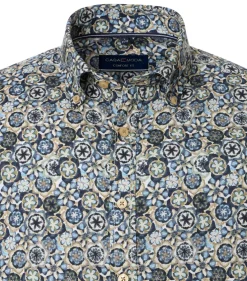 CASA MODA Sport comfort fit overhemd, twill, blauw met wit, groen en beige dessin