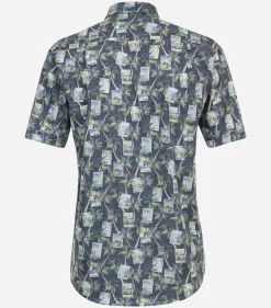 CASA MODA Sport comfort fit overhemd, korte mouw, popeline, groen dessin
