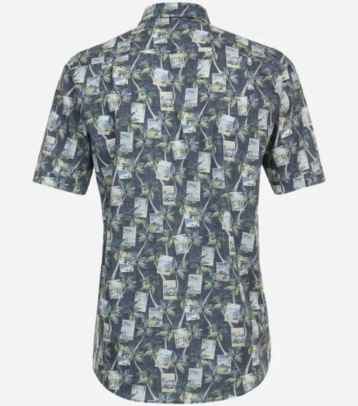 CASA MODA Sport comfort fit overhemd, korte mouw, popeline, groen dessin