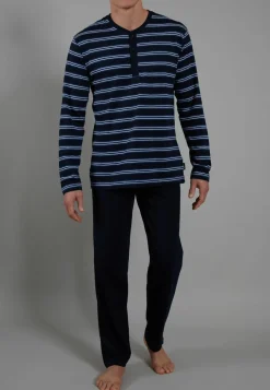 Ceceba heren pyjama O-hals met knoopjes, donkerblauw gestreept