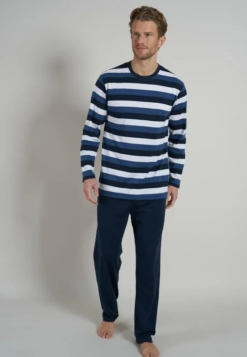 Ceceba heren pyjama O-hals, middenblauw gestreept