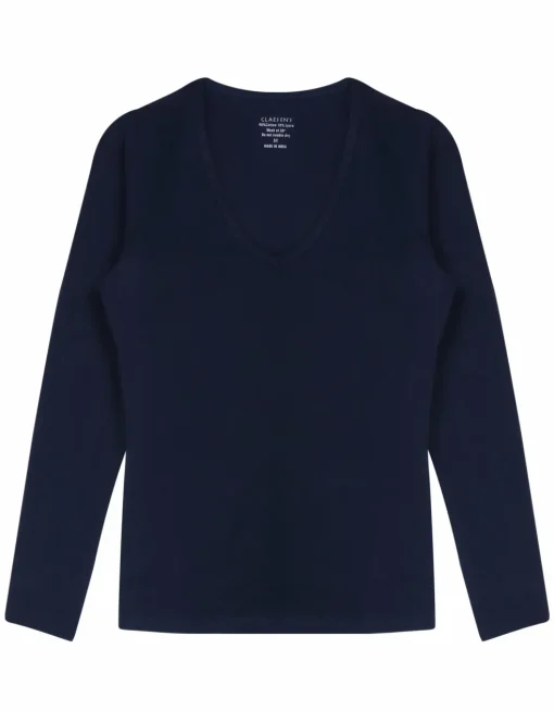 Claesen's dames Basics T-shirt (1-pack), V-hals T-shirt lange mouw, blauw