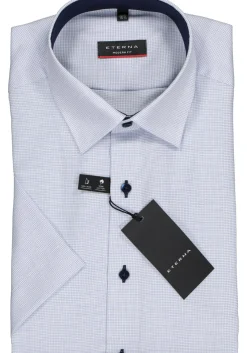 ETERNA modern fit overhemd, korte mouw, structuur heren overhemd, lichtblauw met wit (donkerblauw contrast)