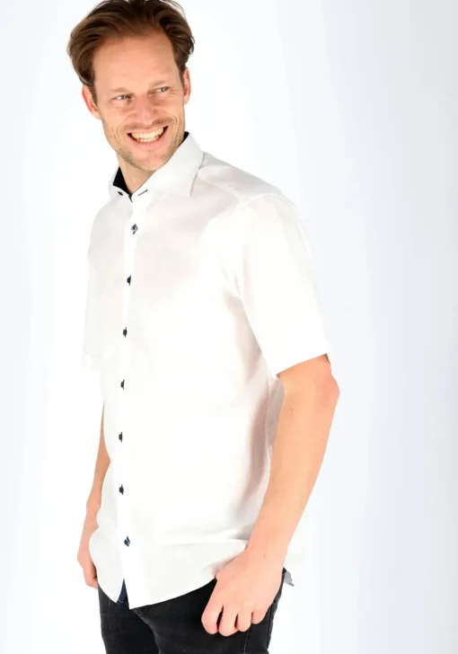 ETERNA modern fit overhemd, korte mouw, heren overhemd fijn Oxford, wit (blauw gestipt contrast)