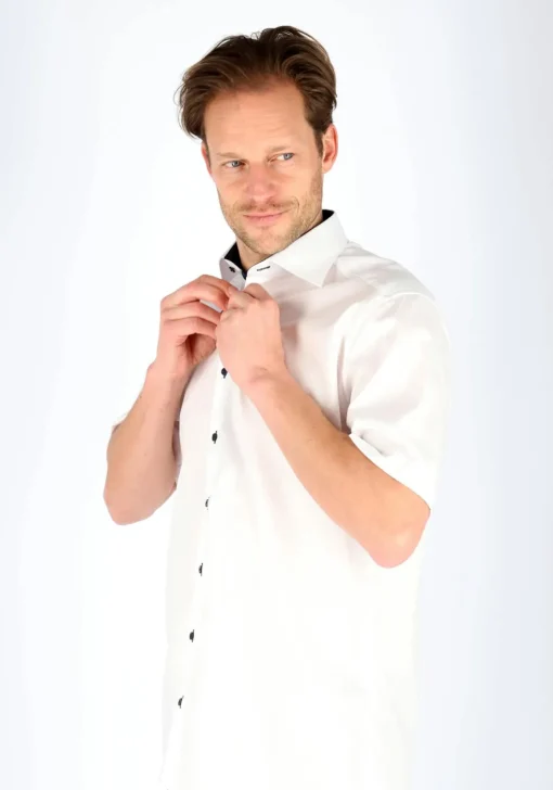 ETERNA modern fit overhemd, korte mouw, heren overhemd fijn Oxford, wit (blauw gestipt contrast)