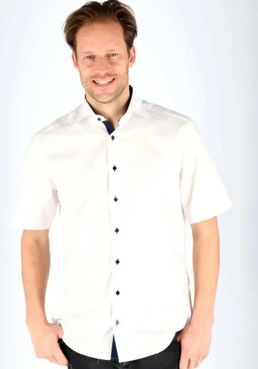 ETERNA modern fit overhemd, korte mouw, heren overhemd fijn Oxford, wit (blauw gestipt contrast)