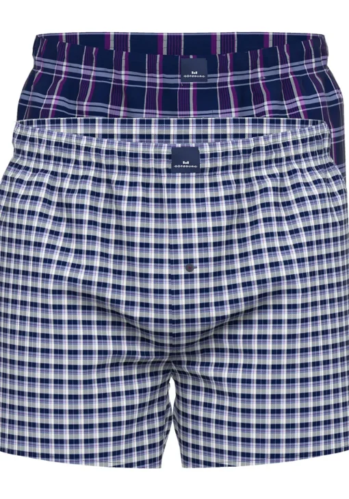 Gotzburg heren boxershorts geweven wijd model met gulp (2-pack), middenblauw geruit