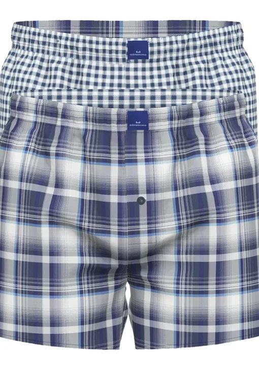 Gotzburg heren boxershorts geweven wijd model met gulp (2-pack), donkerblauw geruit