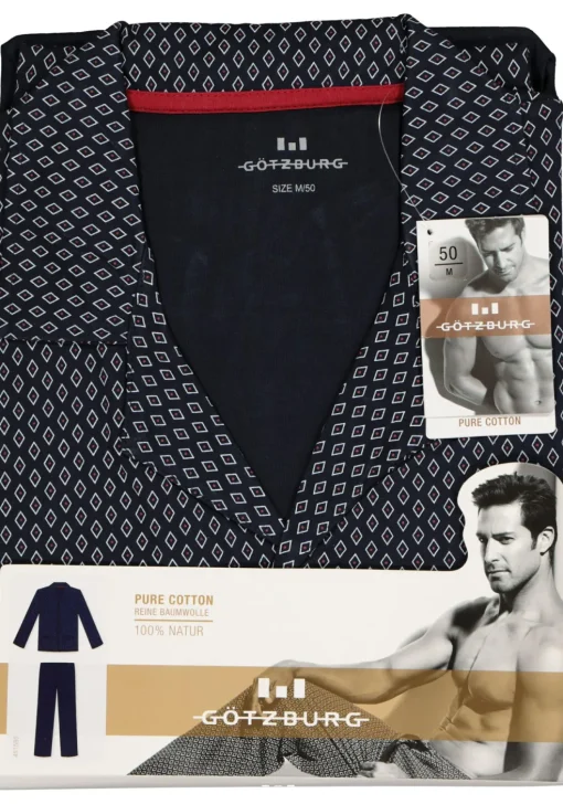 Gotzburg heren pyjama met knoopjes, blauw met rood en wit dessin
