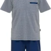 Gotzburg heren shortama V-hals, middenblauw mini dessin