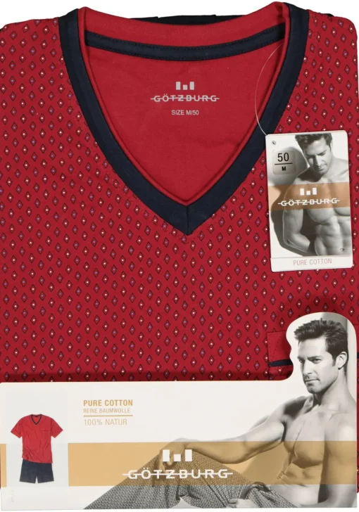 Gotzburg heren shortama, V-hals, rood met blauw en wit dessin