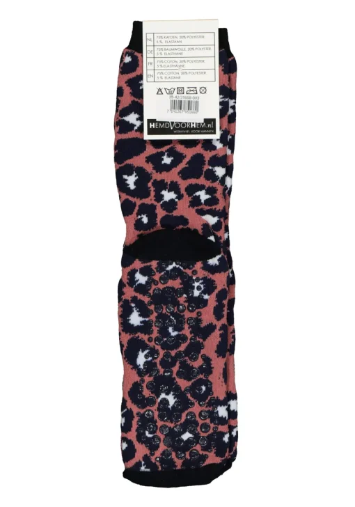 Homepads damessokken huissokken met anti-slip, panter donkerroze met blauw