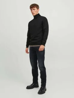 JACK & JONES Bradley sweat half zip regular fit, heren schipperstrui katoenmengsel met opstaande boord, zwart