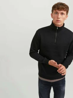 JACK & JONES Bradley sweat half zip regular fit, heren schipperstrui katoenmengsel met opstaande boord, zwart