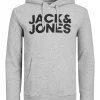 JACK & JONES Corp logo sweat hood regular fit, heren hoodie katoenmengsel met capuchon, lichtgrijs melange grote print