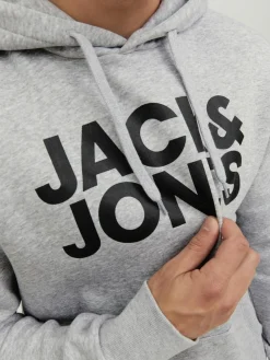 JACK & JONES Corp logo sweat hood regular fit, heren hoodie katoenmengsel met capuchon, lichtgrijs melange grote print